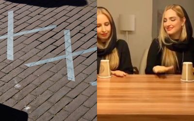 Johan Nieuwenhuize, 'Pavement in times of corona | Cups!' (The Hague April 11, 2020) foto: ©2020 Johan Nieuwenhuize (+ still from video 'Cups!', on Instagram by @negar_ezazi)
