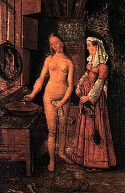 Vrouw aan haar toilet, copie van Willem van Haecht in Kunstkamer van Cornelis van der Geest (1628), perspectivisch gecorrigeerd door Gerlach en Koop foto: (Origineel (ca. 1433) van Jan van Eyck is verdwenen)