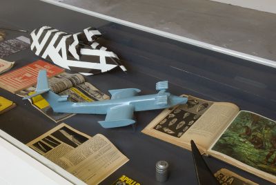 Emre Hüner's vitrine met inspiratiebronnen voor 'Juggernaut' foto: Rob Kollaard