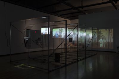 Installation view of 'Neil Beloufa: Counting on People' at The Banff Centre Walter Phillips Gallery, 2014 foto: Rita Taylor